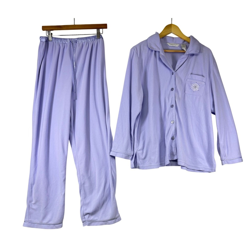 Jasmine Rose‎ Pajama Set Women XL Purple Fleece Snowflake Button Front Long Slv